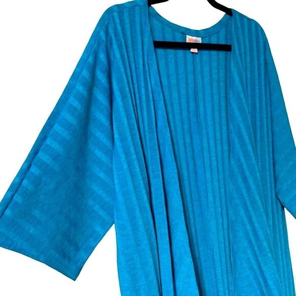 LuLaRoe solid aqua blue textured rib knit hi lo Lindsey kimono size S - Picture 3 of 8